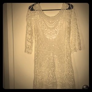 White lace knitted bathing suit coverup